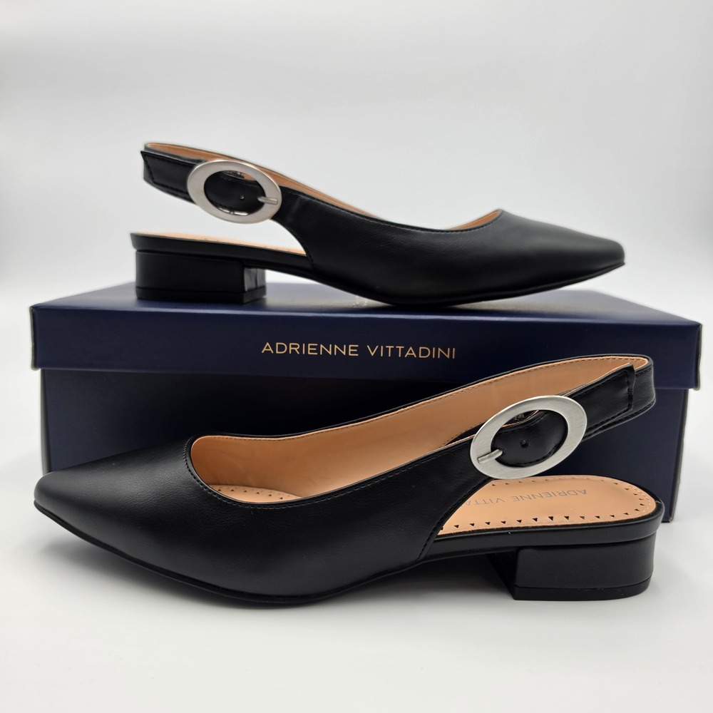 Adrienne Vittadini Papina Black Slingback Pointed Toe Block Heel Pumps 6.5M